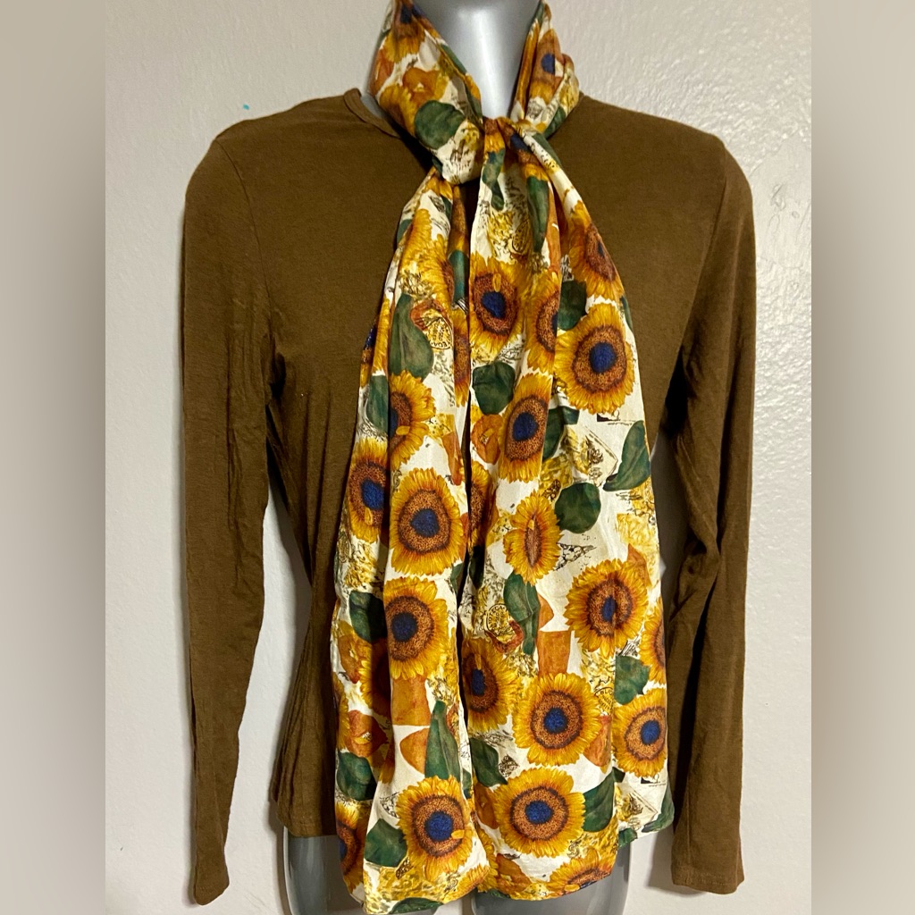 100 Silk Sunflower Print Scarf  Yellow And Green